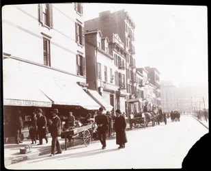 View of street vendors selling fruit, New York, 1898